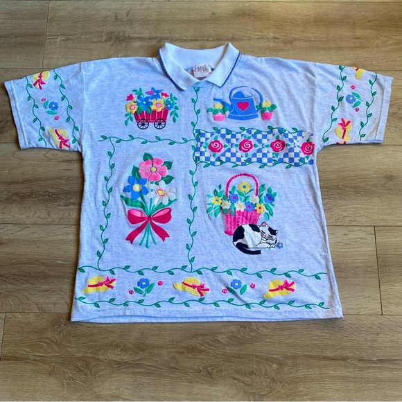 Vintage teeshirt kitty cat floral collared shirt kawaii kitsch made by Scoop - Picture 2 of 9